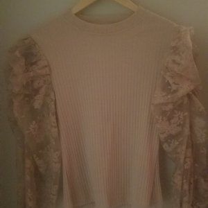 Womens Nude and Transparent Round Neck Long Puff Sleeve Sweater